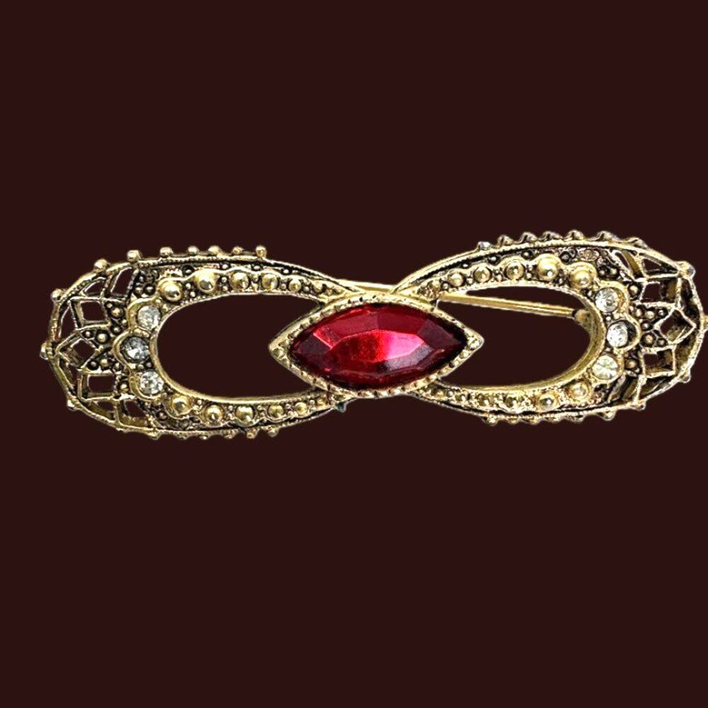 Vintage Victorian Revival Brooch Ruby Red Rhinestone 1950's-1960's 2 1/4"